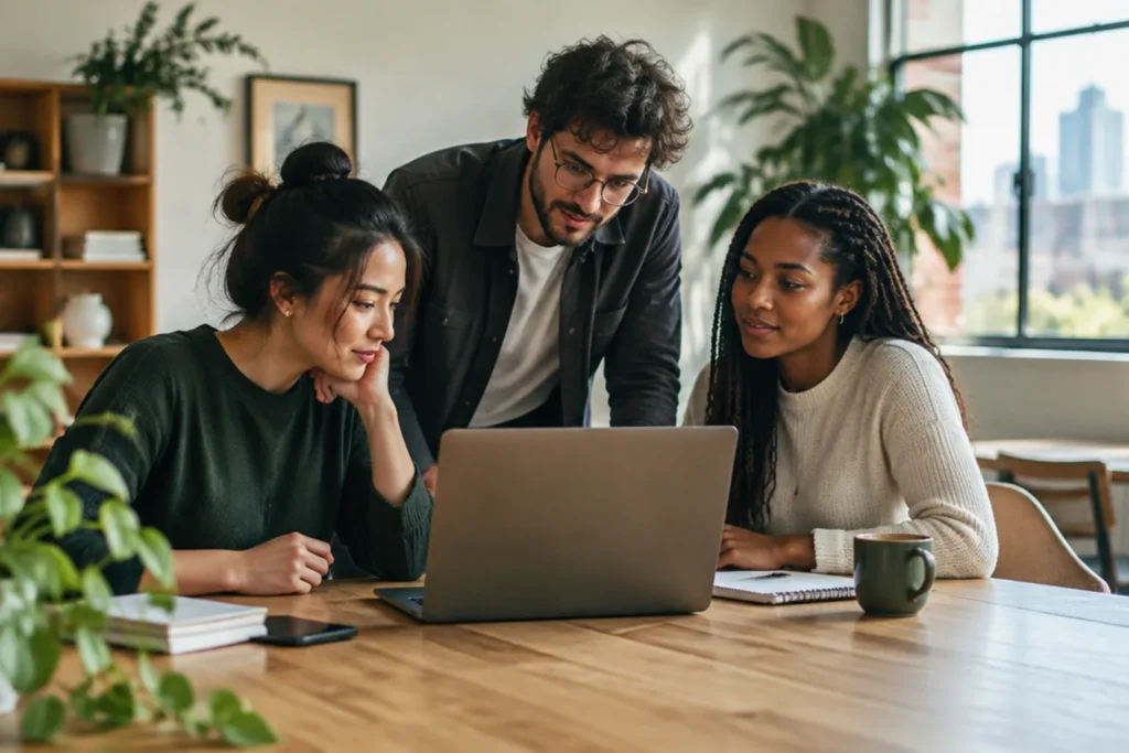 Web design team collaborating around a laptop